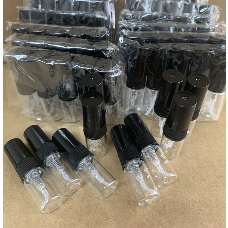 5/10/50/100 SZTUK 2ML Czarna Butelka Wielokrotnego Użytku Szklana Butelka z Rozpylaczem z 4 Akcesoriami, 1 Kroplomierz, 1 Lejek, 1 Dozownik, 1 Strzykawka ﻿
