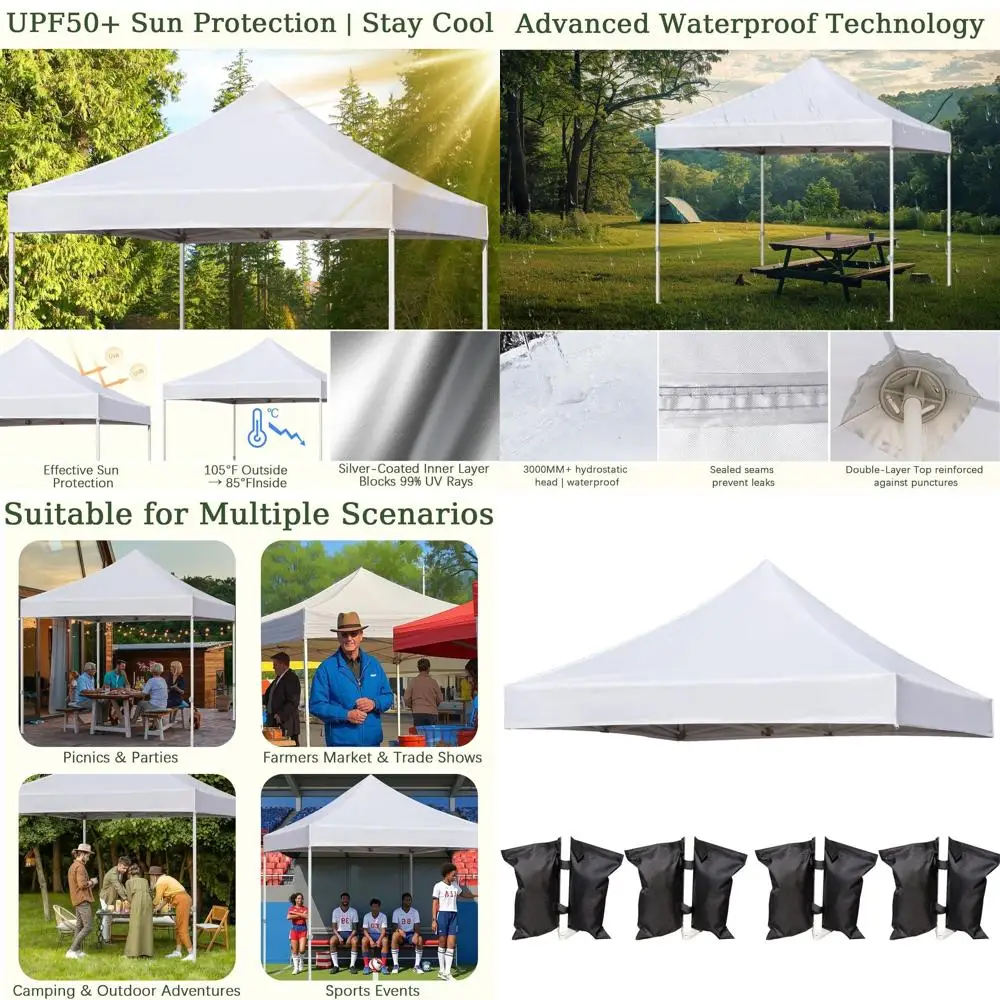 

10x10 White Pop Up Canopy Tent Top Cover with 3000mm Water Resistance, 500D Waterproof, UV Protection, 4 Sandbags