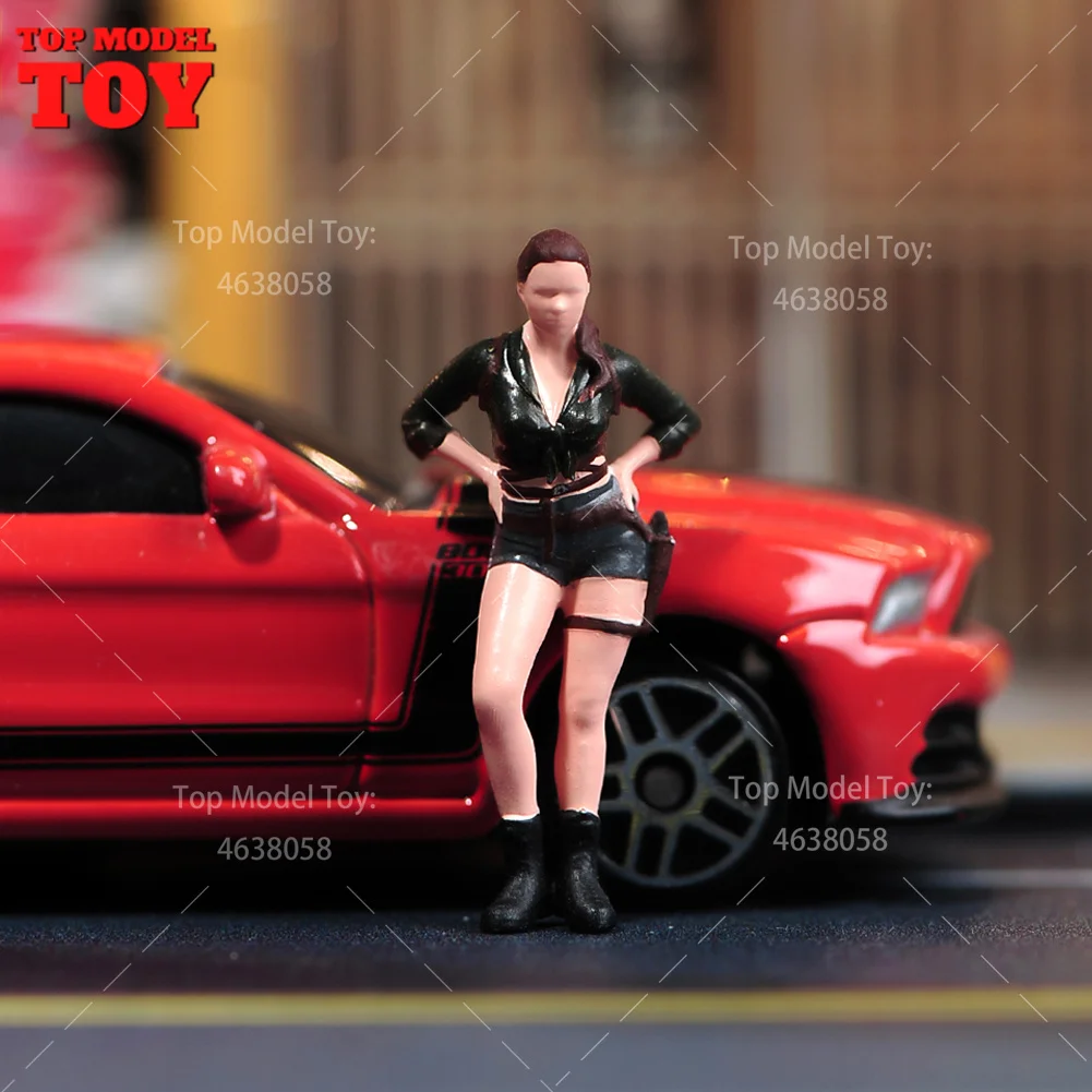 Painted Miniatures 1/64 1/43 1/87 Black Shorts Cool Motorcycle Girl Female Scene Figure Dolls Unpainted Model For Cars Vehicles