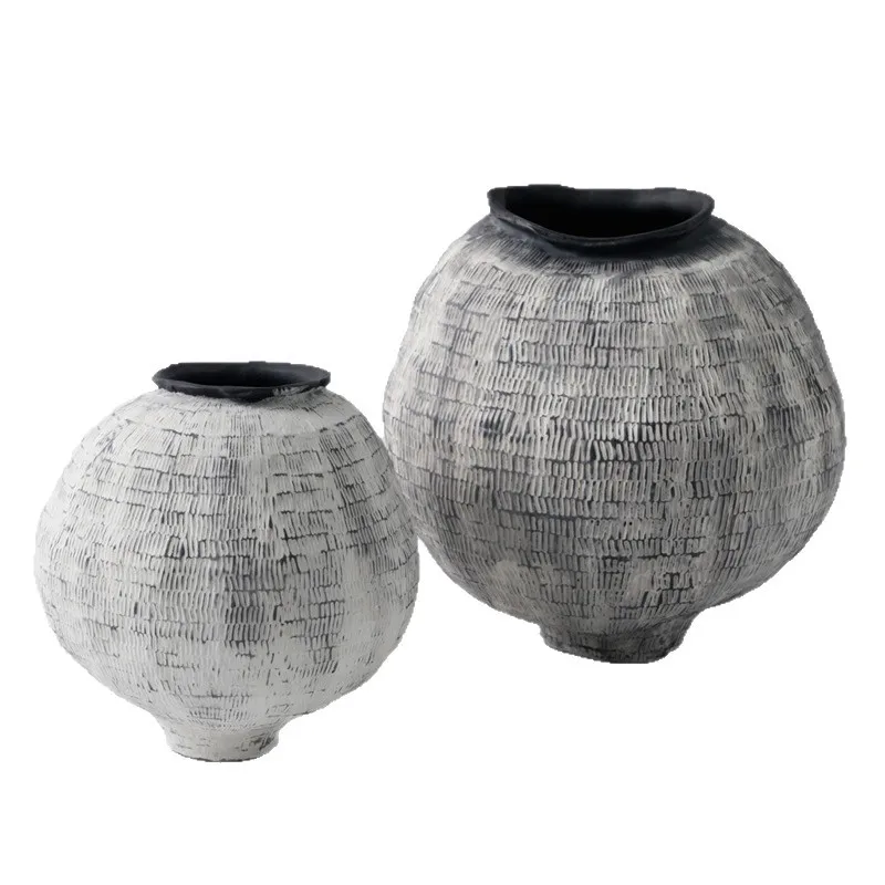 

Advanced ceramic vase, big belly flower device, wabi-sandy wind retro Chinese flower arrangement ornament, living room entrance