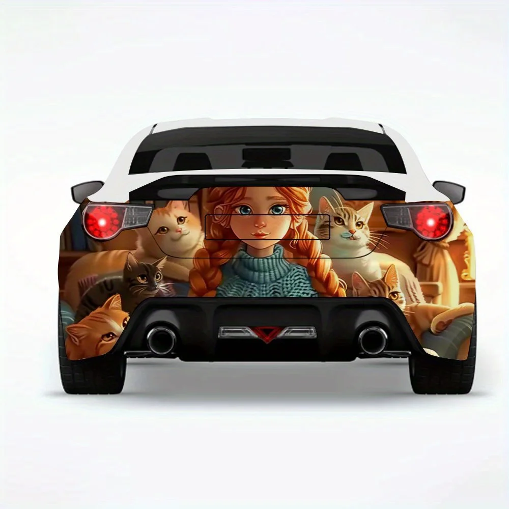 

Knitting Girl & Cats Car StickerVinyl Decal for Car Rear, Waterproof Self-Adhesive Vinyl Stickers for Vehicle Tail & Bumper, Dec