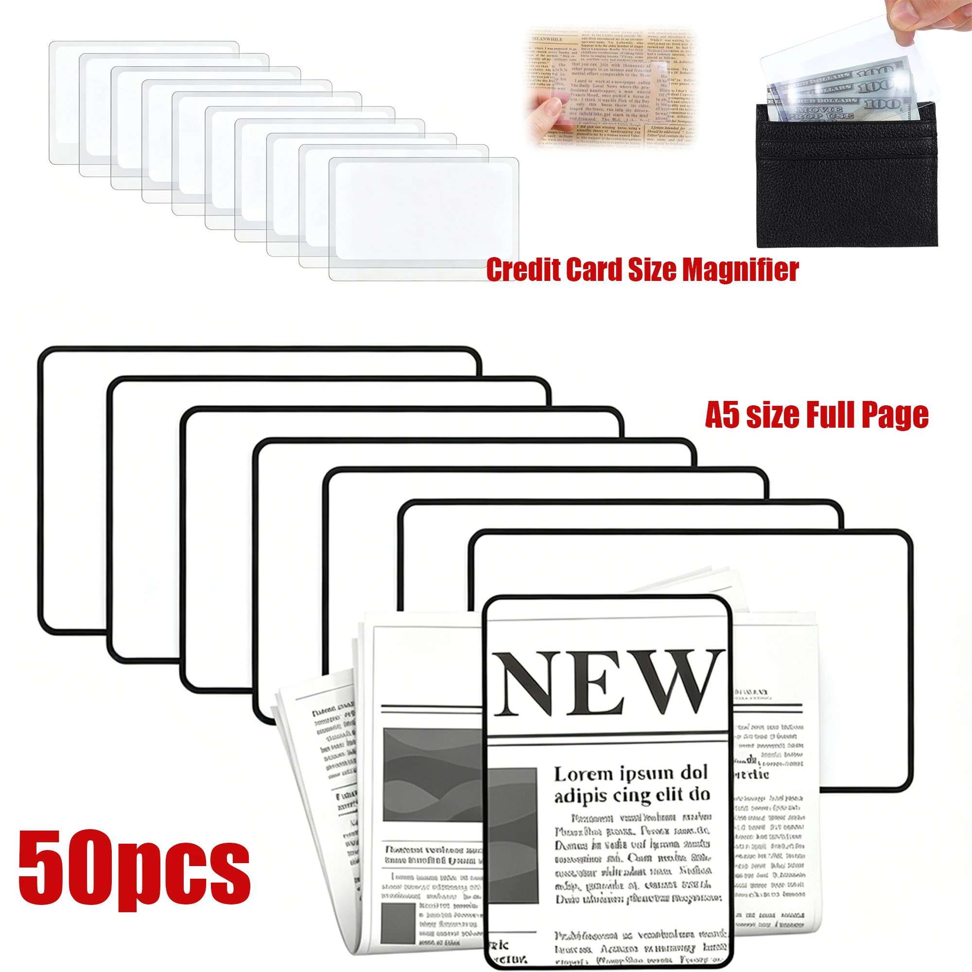 Full Page Large Sheet Magnifier and 3X Credit Card Size Transparent Magnifying Glass Ultra-thin Reading Magnifying Lenses