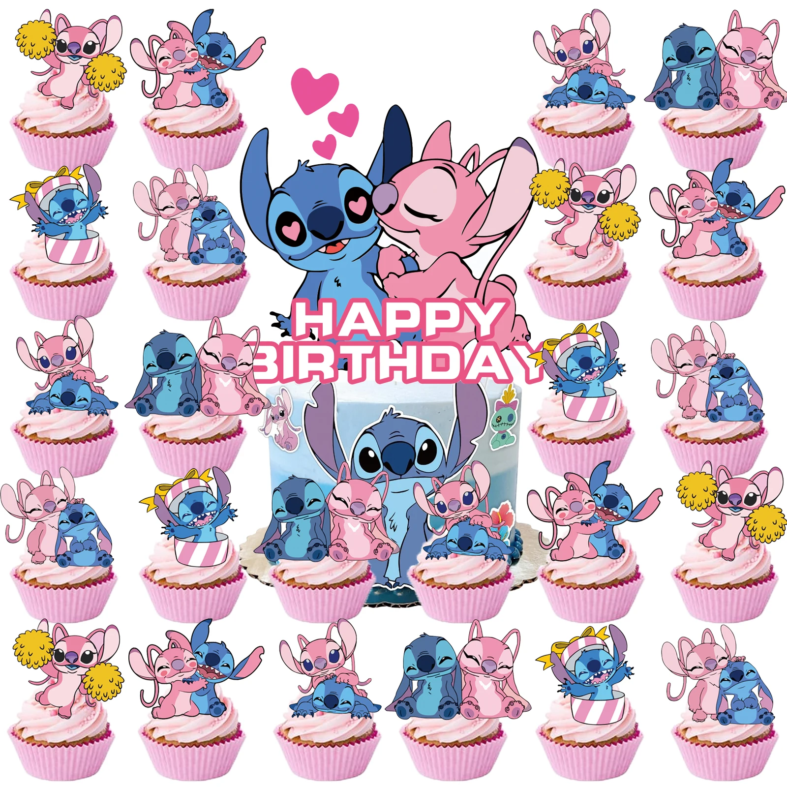 25pcs Stitch Cake Topper、Cupcake Toppers for Kids Happy Birthday Cake Decoration Stitch birthday Party Gift