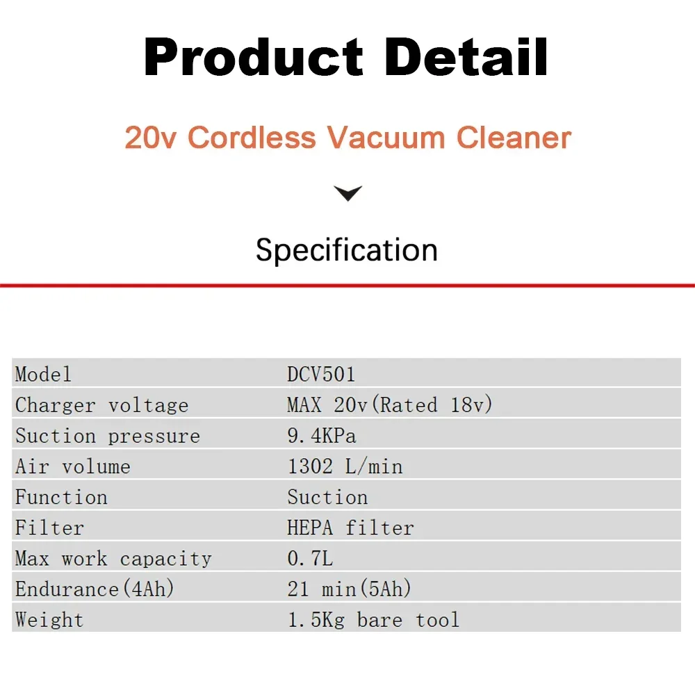 Dewalt DCV501N Cordless Vacuum Cleaner BrushlessMotor 9.4KPa 1302L/min for Car Home Gardon Cleaning Univeral 18v and 20v Battery