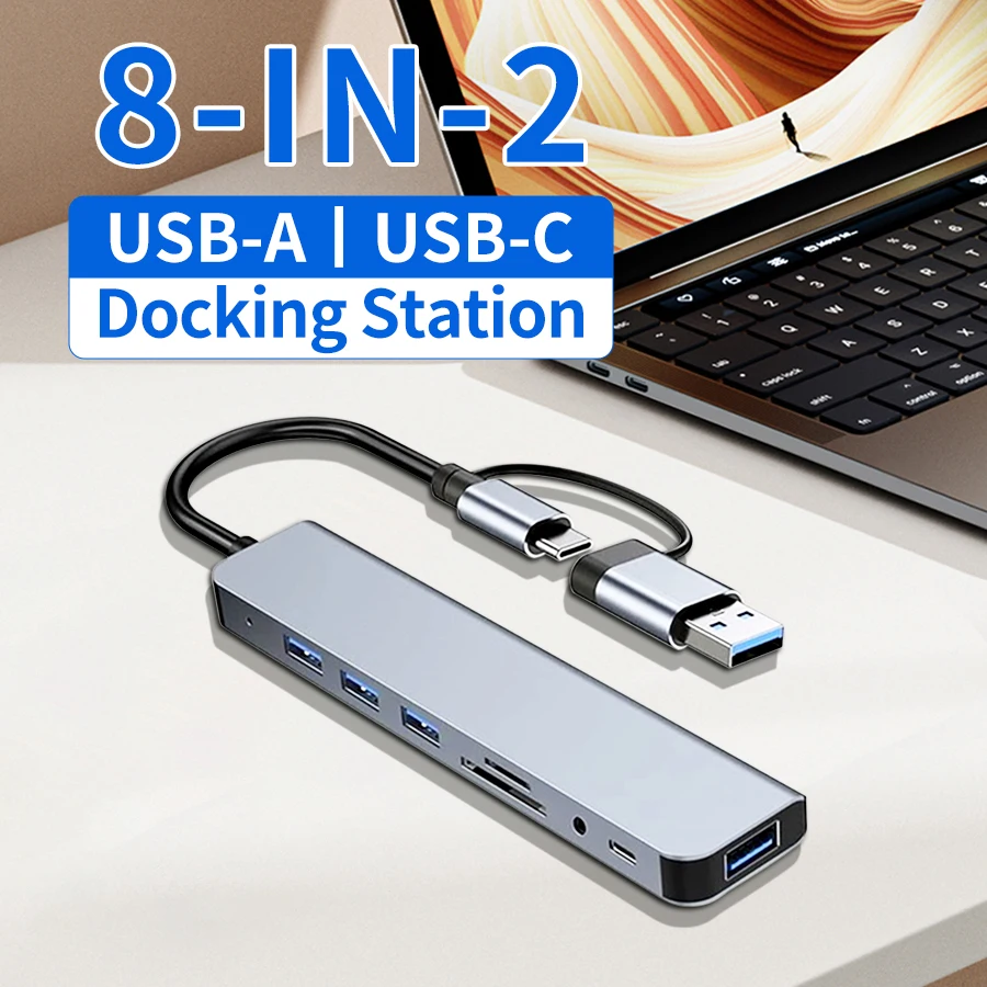 8-in-2 USB C Hub Typ C USB 3.0 2.0 Extender Splitter Dockingstation mit TF/SD-Kartenleser 3,5 mm Audio für MacBook Laptop Pad