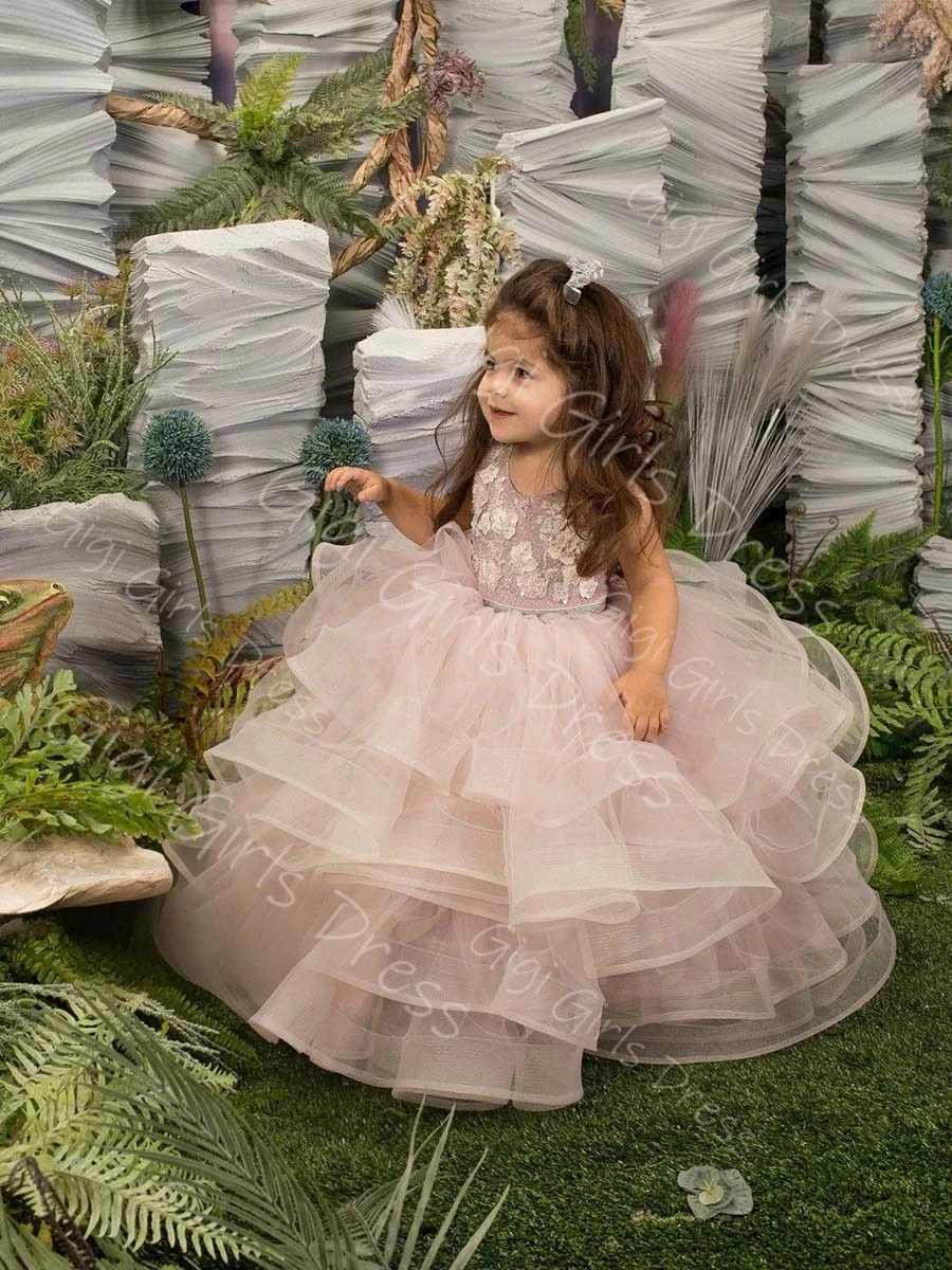 Adorable Ruffled Tulle Princess Flower Girl Dress for Wedding Toddlers Keyhole Back Lace Pageant Birthday Dress Custom Ball Gown