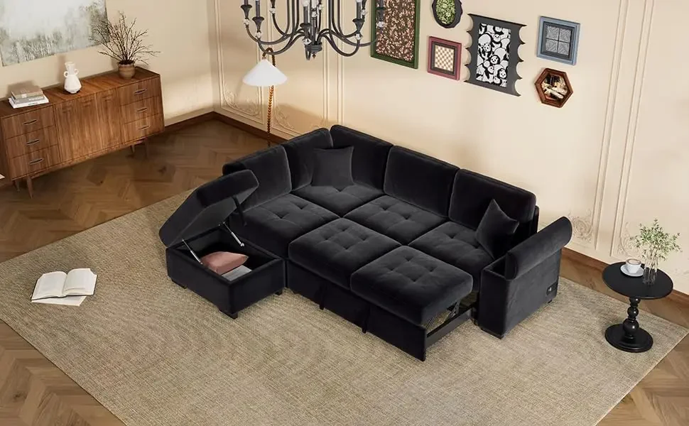 

Sleeper Sectional Sofa Bed with Storage Ottoman & Hidden Arm Storage, Sectional Corner Couch Sofa-Bed for Living Room