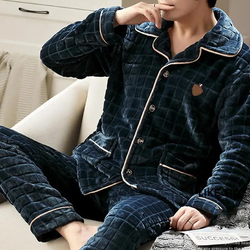 MensCoral Fleece Sleepwear Set Warm Soft Fleece Pajamas Sets For Men Thick Warm Casual Lounge Wear Sets For Men