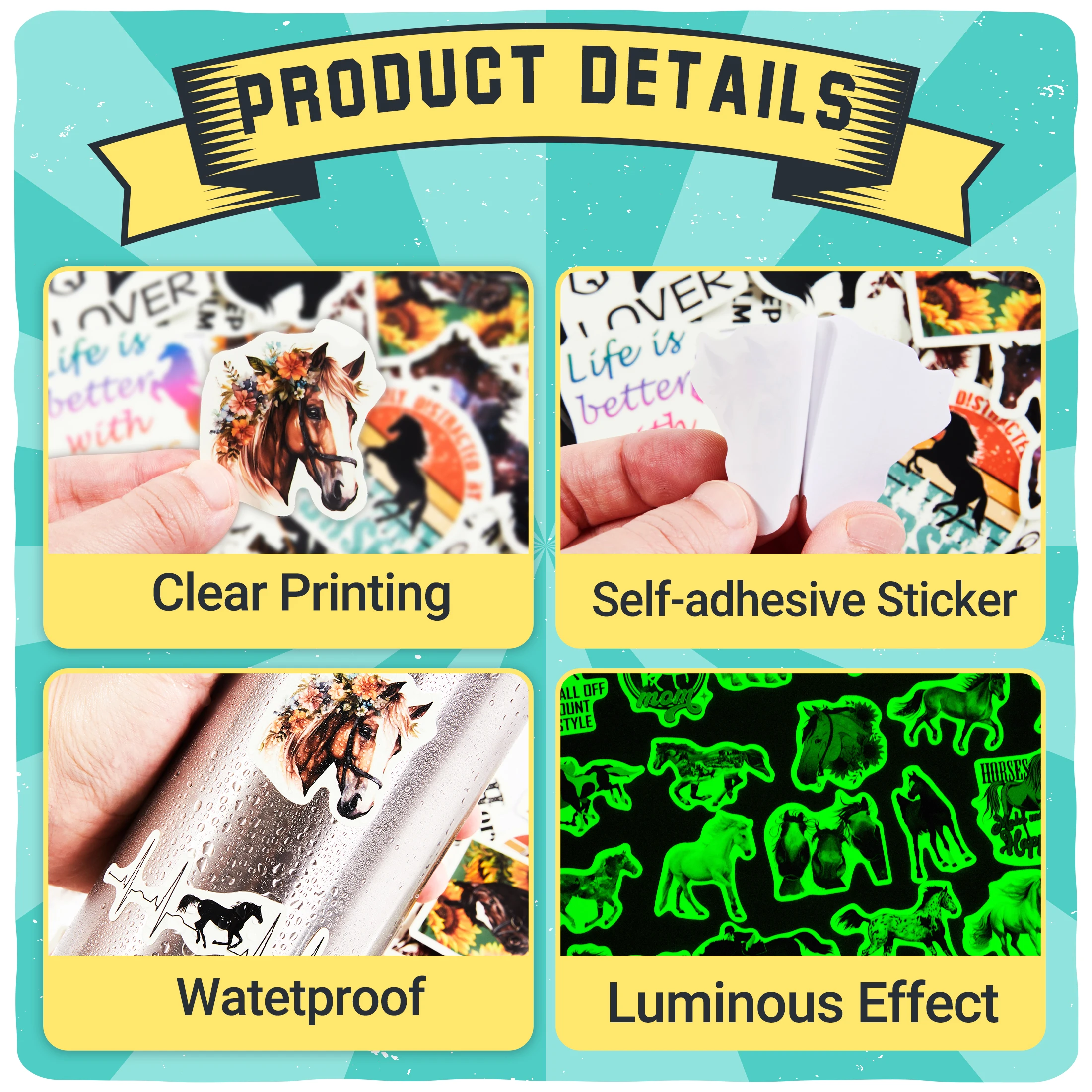 Naklejki świecące w ciemności, 51 szt. Naklejki winylowe wodoodporne z motywem wyścigów konnych, dekoracje na laptopa, deskorolkę, etui na telefon.