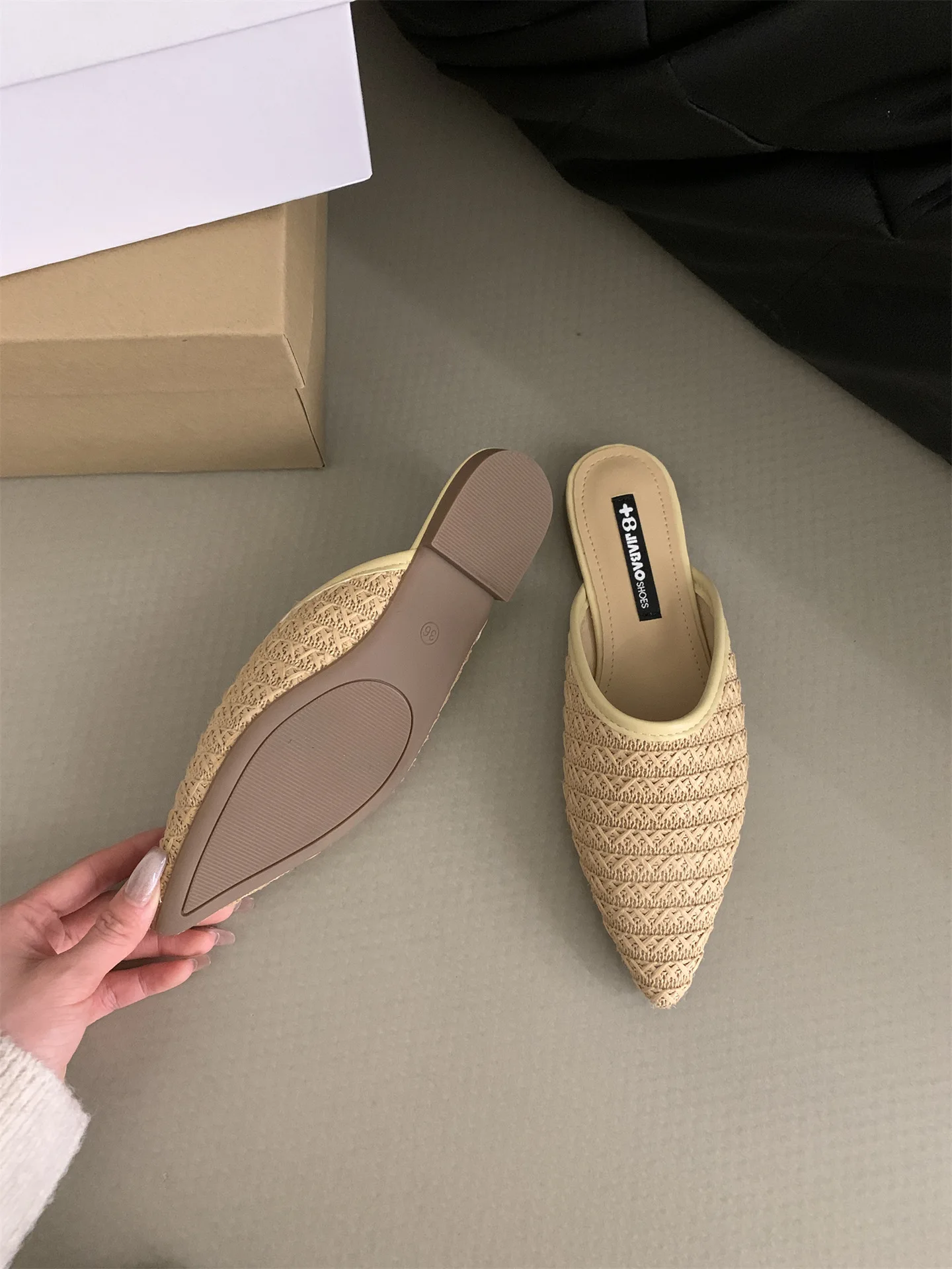 Cover Toe Slippers Casual Shoes Slipers Women Slides Low Luxury Pointed 2024 Soft Flat Summer Fabric PU Rubber Hoof Heels Leisur