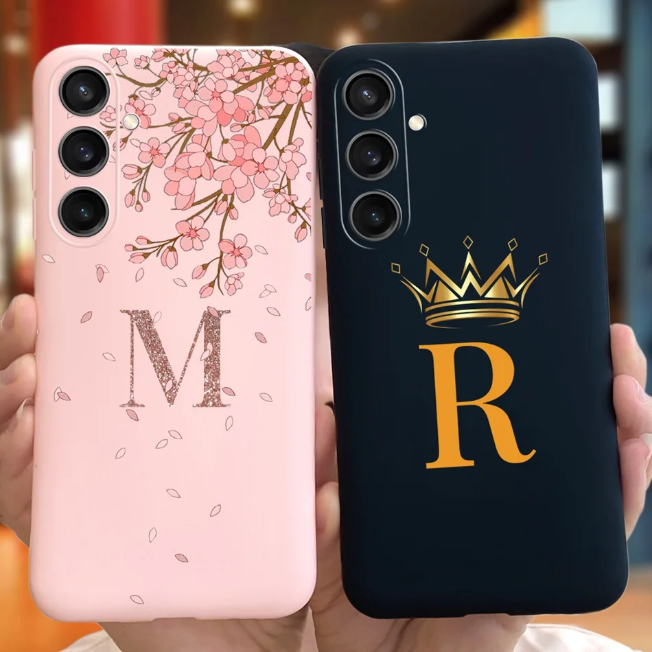 For Samsung Galaxy A15 Fashion Crown Sakura Initial Letter Case For Samsung A15 SM-A155F A 15 4G Soft Silicon Phone Bakck Cover