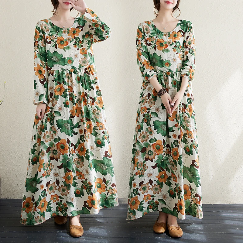 Vestido de linho de algodão estampado vintage manga comprida feminino, Maxi Robe casual solto, roupa elegante, moda coreana, primavera, outono, nova