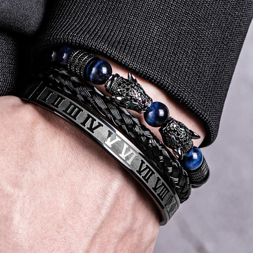 Luxury Set Black Color Double Leopard head Handmade Roman Numeral Bracelets Rope Buckle Tiger Eye Stone Men Jewelry