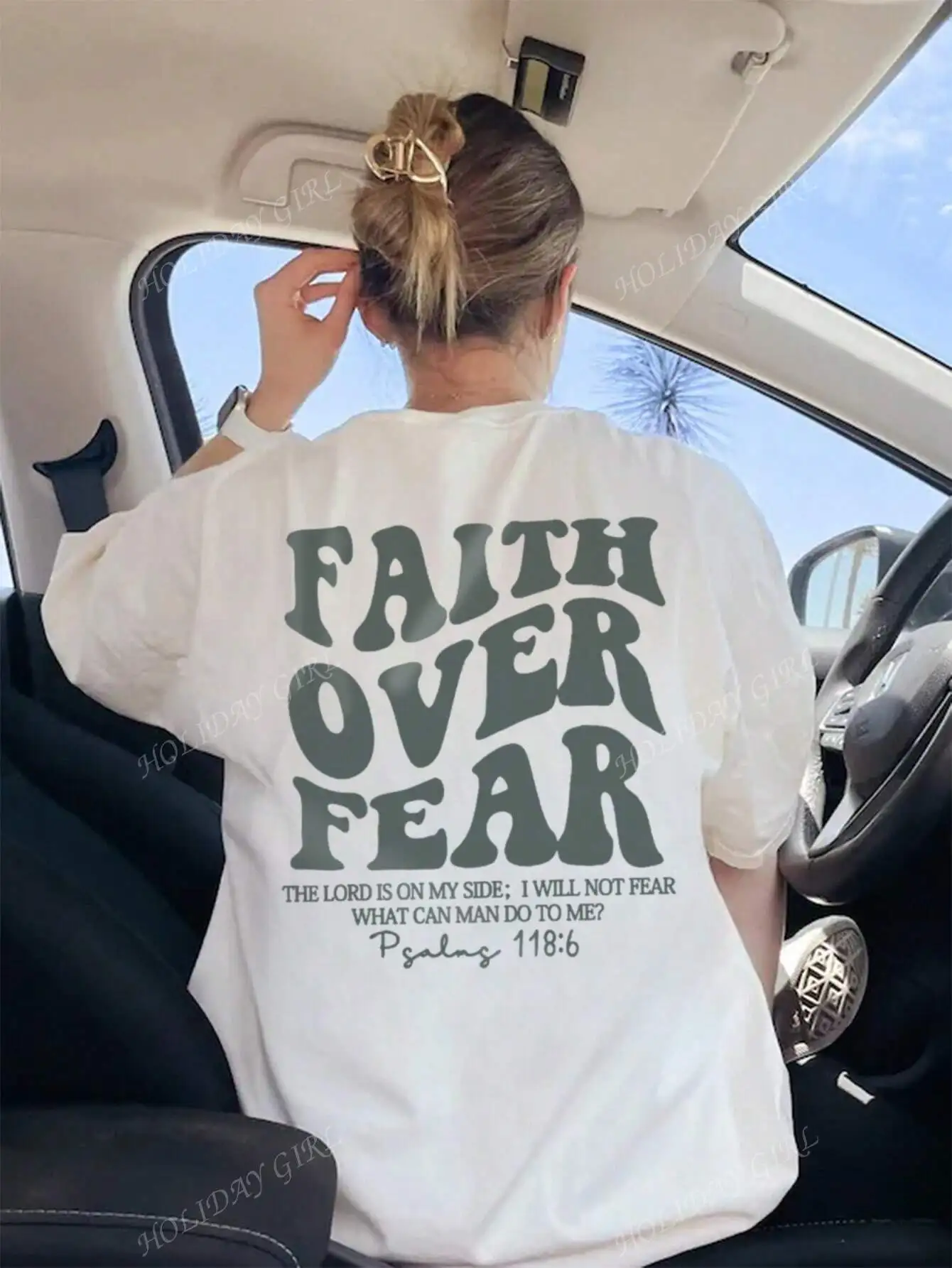 

Футболка больших размеров Faith - Driven FAITH OVER FEAR с рисунком и псаломмами 118:6 Элегантный духовный модный массивный топ со Священными Писаниями