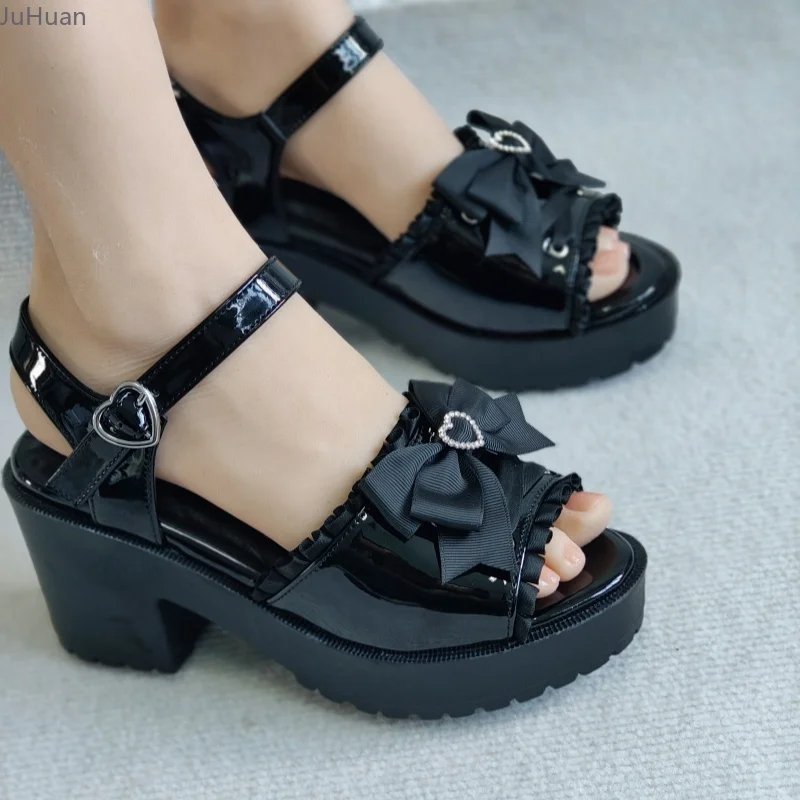 

Japanese Medium Heel Mine Mass-produced Women's Sandals Lolita Shoes Sweet Bow Lace Love Thick Sole Height-increasing High Heels