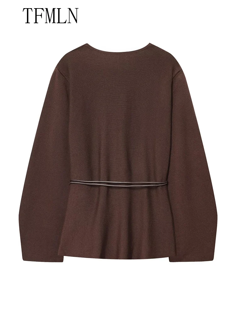 TFMLN 2025 الخريف المرأة محبوك البلوزات أنيقة الخامس الرقبة فضفاضة تريكو الزنانير سترة خمر الصلبة السببية أبلى القمم