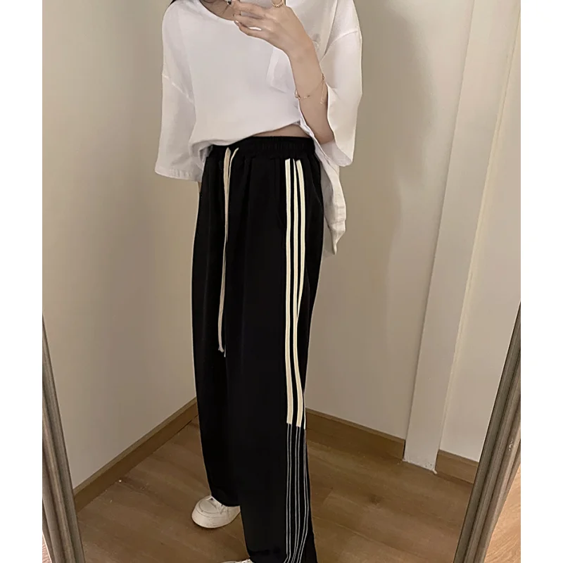 Women Black Vibe Vintage Casual Pants Fashion High Waist Baggy Straight Pants High Street Mopping Wide-leg Trouser Ladies Summe