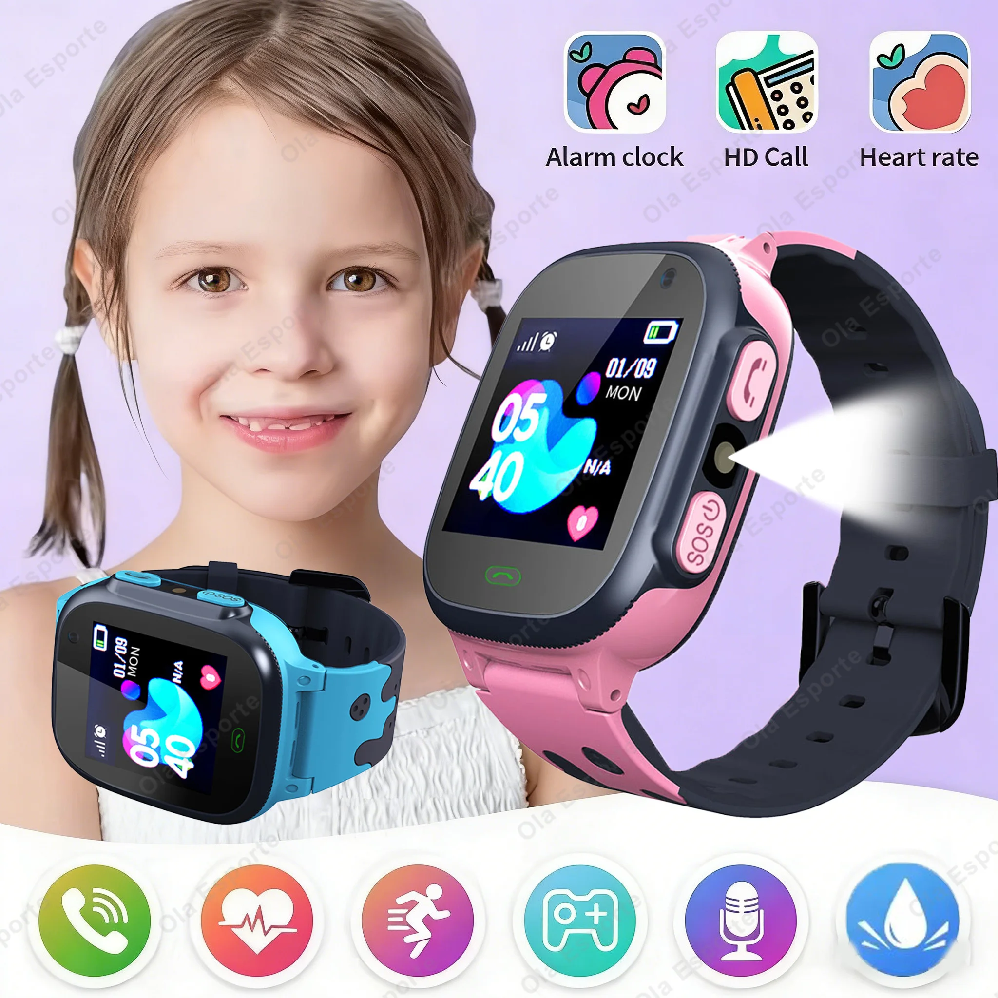 

Детские умные часы с фонариком, GPS-трекером, функцией SOS, водонепроницаемые, с видеозвонками, отслеживанием местоположения в реальном времени, модель HW12