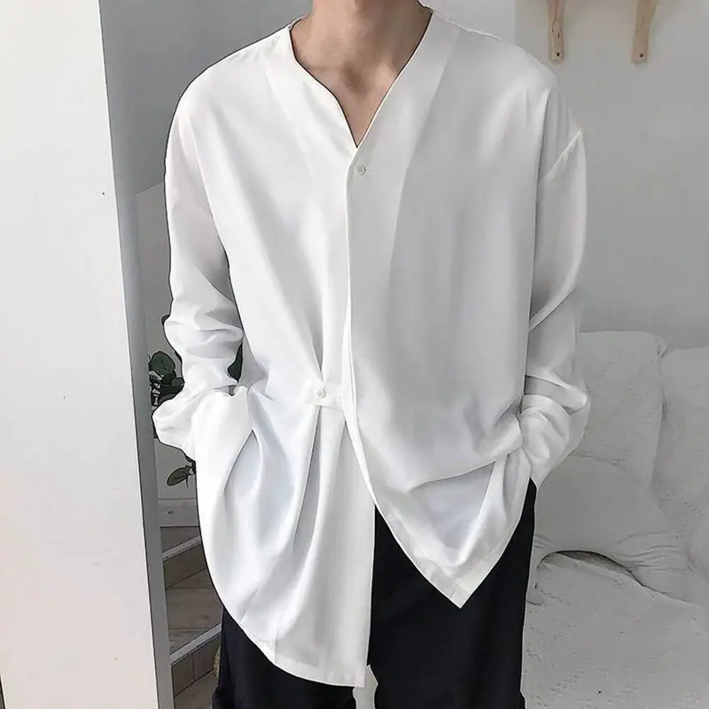 Mesh Apparel Short Bulk Shirts For Men Male Autumn Casual Loose Lrregular Collarless Long Sleeve Shirt