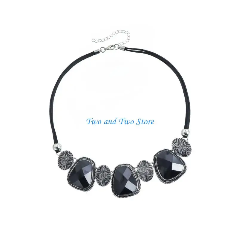 HX6F Vintage Bohemian Black Gemstones Necklace With Distressed Finish And Soft Velvets Rope Sweater Chain For Women