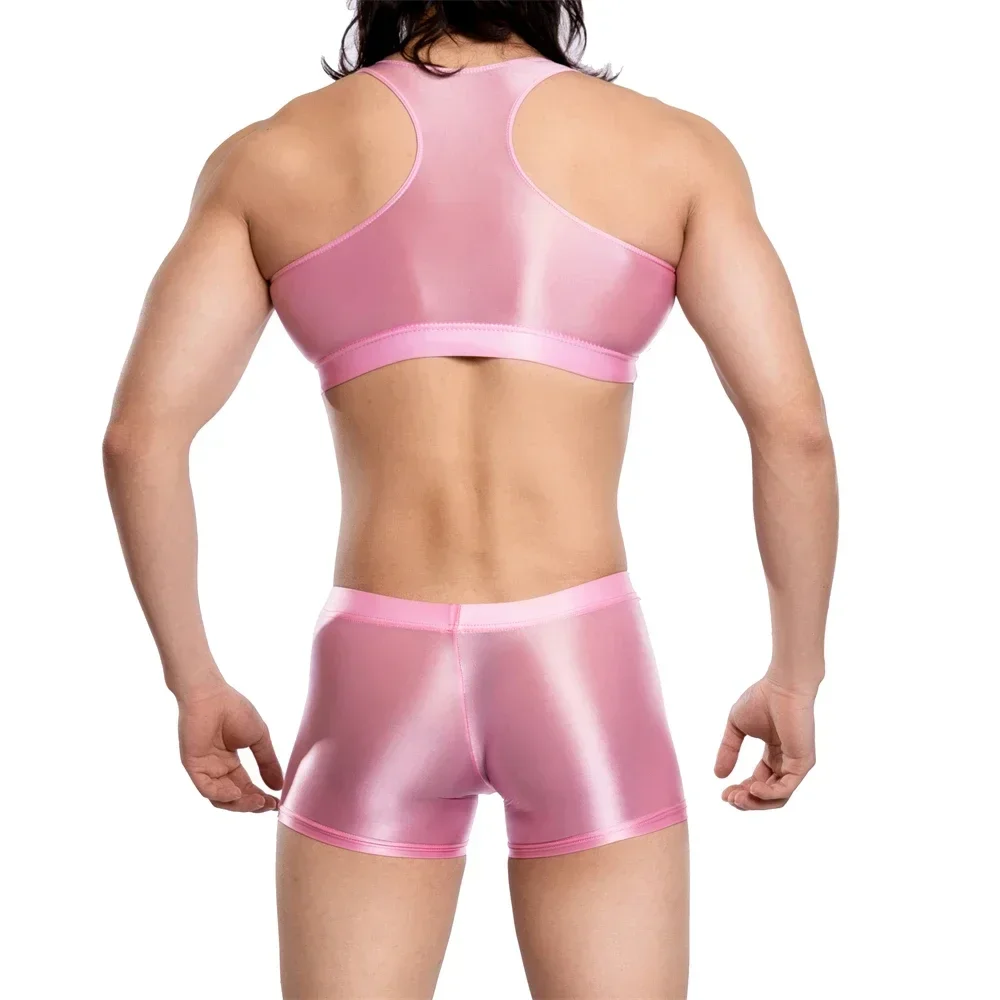 

Men's Sleeveless Singlets Shorts Solid Color Undershirts Suits Sexy Crop Tops + Boxers Oil Glossy Fitness Sport Vest Trunks Sets