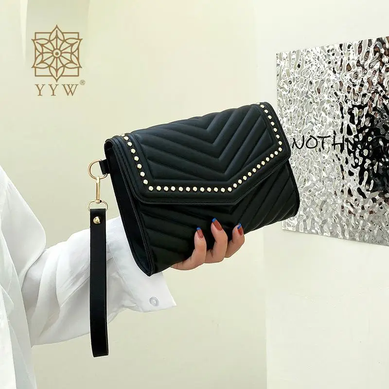 Casual PU Leather Envelope Clutch Handbag Stripes Beading Soft Wristlets Messenger Purse Portable Women Daily Small Bag Wallet