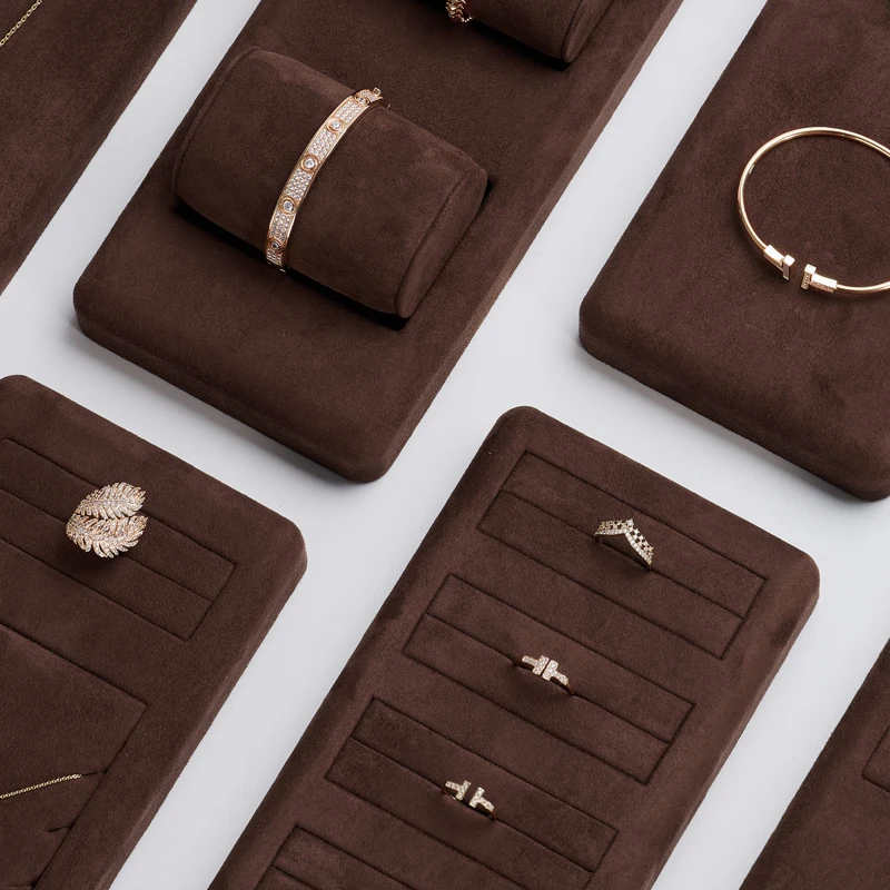 Oirlv Coffee Velvet Jewelry Display Set for Earring Ring Necklace Bangle Shop Trays Counter Jewelry Display Props