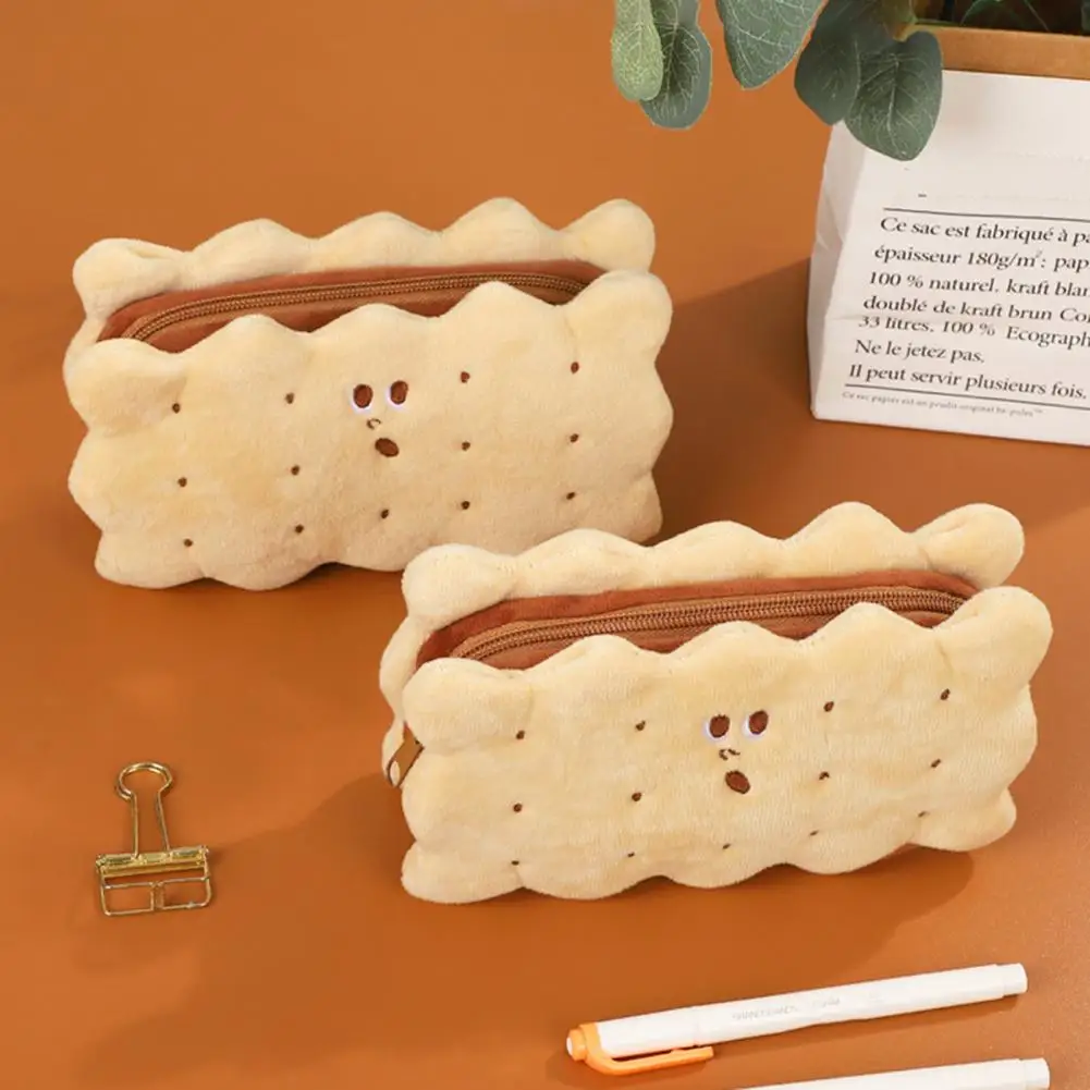 Soft Tactile Stationery Container Cookie Shape Plush Pencil Case Soft Stuffed Biscuit Stationery Bag Capacity for School