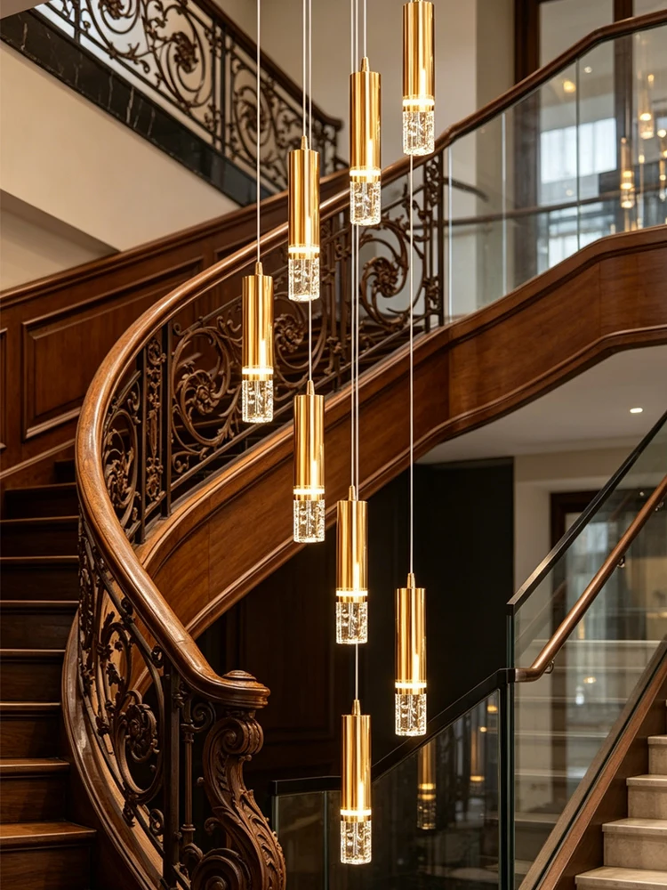 LED Luxury Crystal Cylindrical Chandelier Villa Living Room Ceiling Light Suspended Stair Pendent Lamp Home Lighting Decoration
