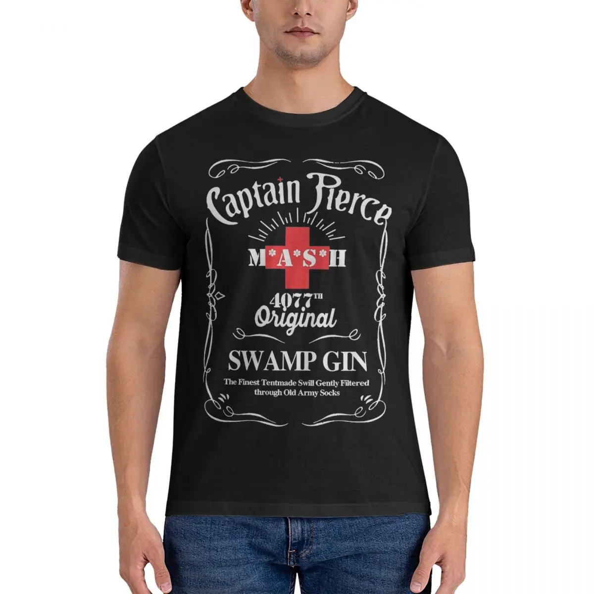 Captain Pierce Mash 4077 Original Swamp Gin T Shirts Men's Cotton Humor T-Shirt Crewneck TV Show Tees Short Sleeve Tops Adult