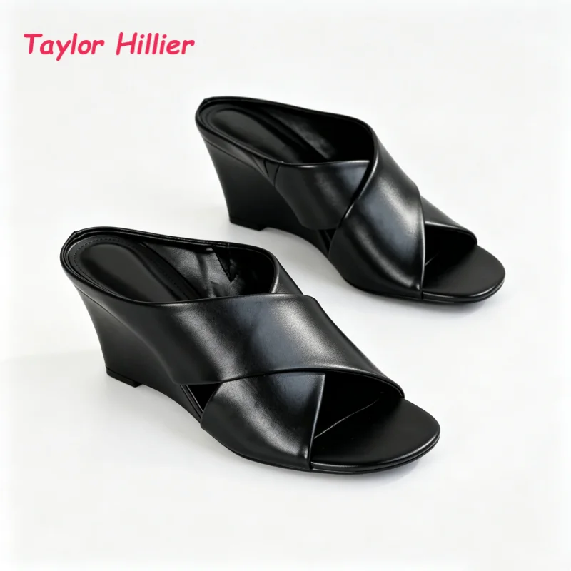 Faux Leather Wedge Mule Women Fashion Open Toe Cross Strap Slip On Outdoor Summer Stylish Office Daily Commute Casual Sandals