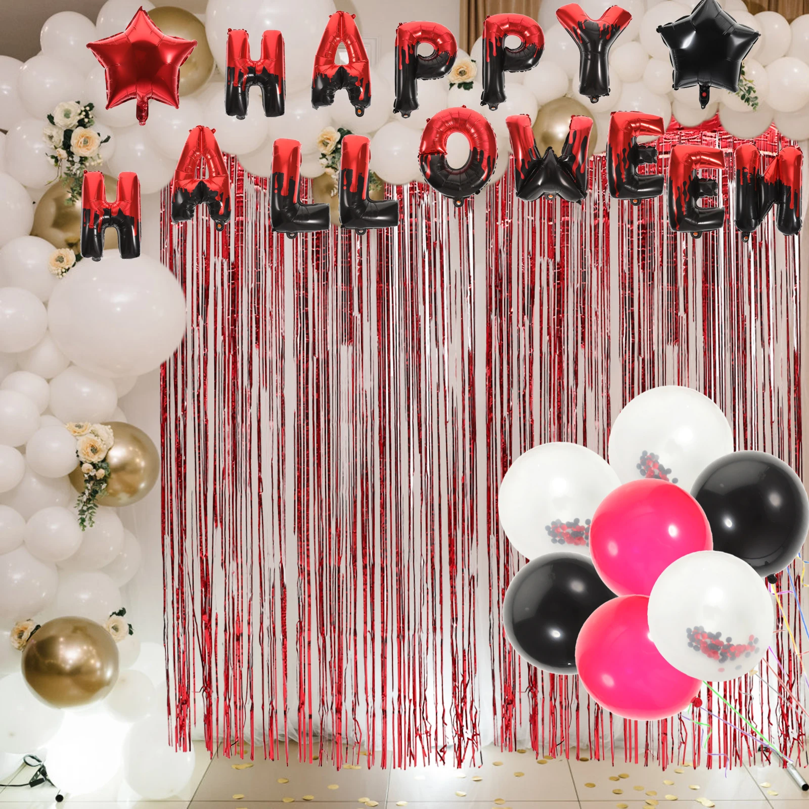 

Halloween Decoration Set Background Supplies Balloon Curtains Red Fringe Photo Backdrops Wall Decor Halloween Themes