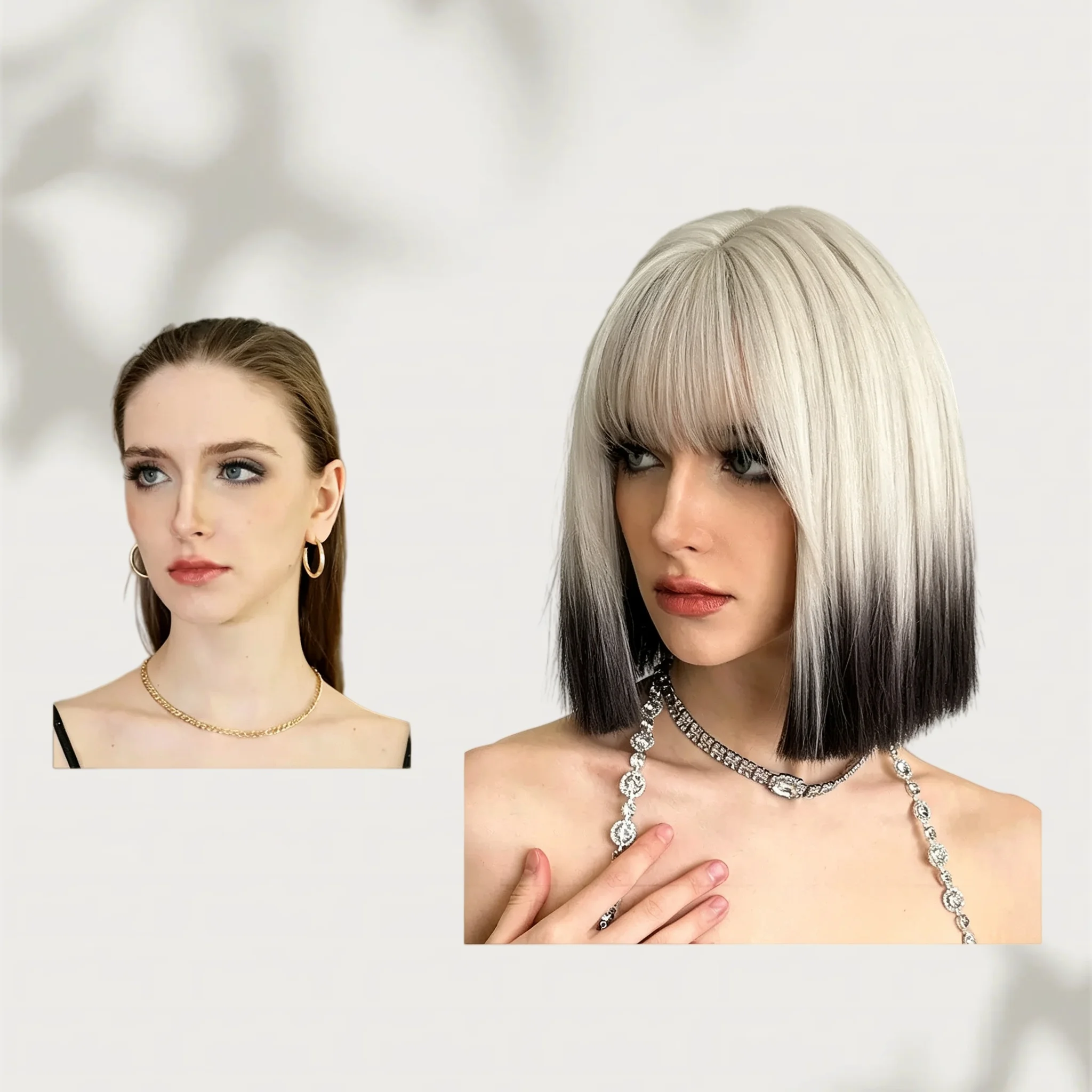 Women's ombre beige to black bob wig with bangs, synthetic straight short hair, heat resistant, suitable for cosplay and parties