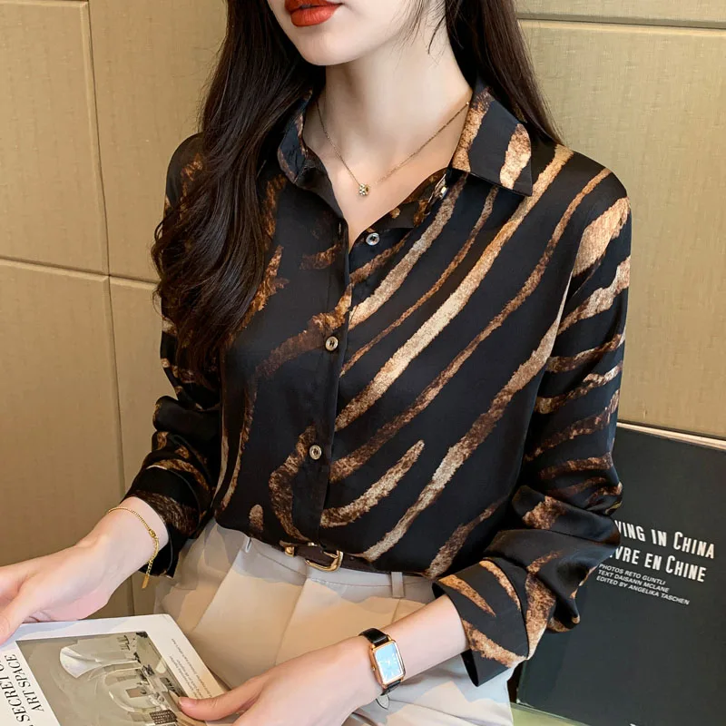 Women Clothing Striped Vintage Shirts Spring Long Sleeve Loose Fashion Button Turn-down Collar Blouses Elegant Temperament Tops