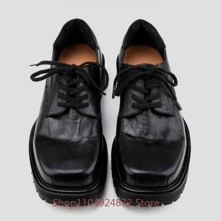 Luxury Designer Shoes Men's Washed Cowhide Square Toe Derby Youth Black Commuting Casual Genuine Leather Dress Shoes Male