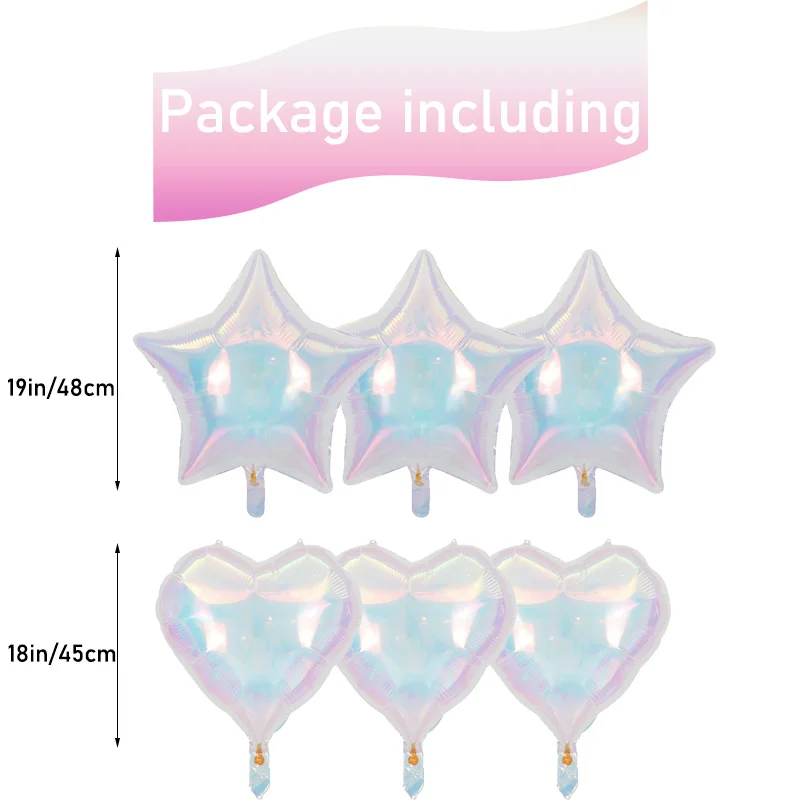 6Pcs Iridescent Star Heart Balloons Laser Star Foil Ballon for Mermaid Themed Party Decorations Under the Sea Supplies