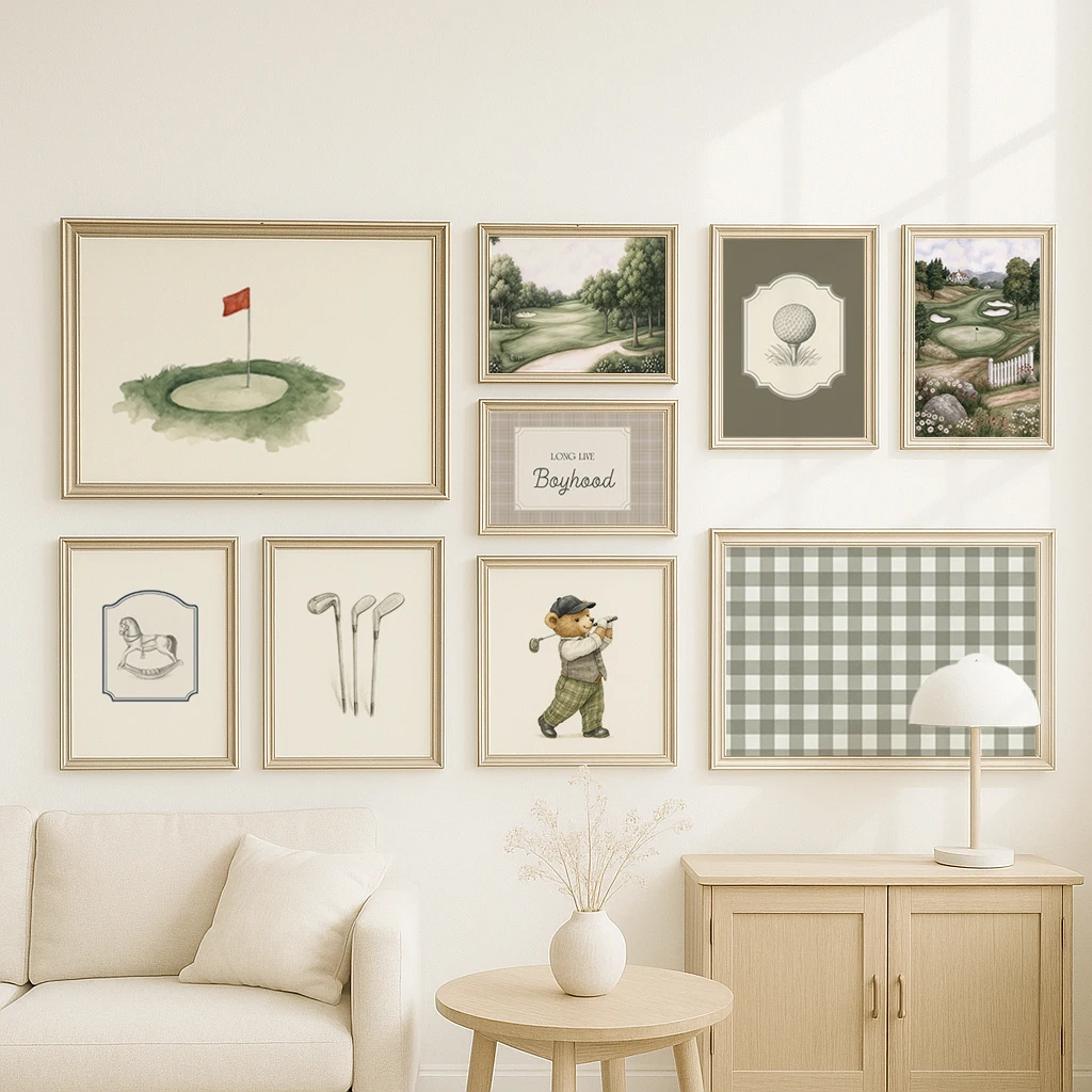 Arte de parede de golfe vintage, verde sábio, menino, tema esportivo, pôsteres para sala de estar ou quarto, decoração de berçário, impressão de quarto de menino de golfe