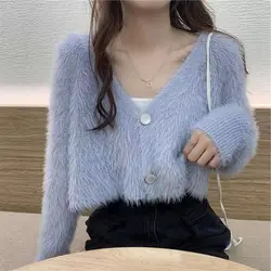 Fioletowy sweter damski 2024 Jesienny puszysty sweter z dzianiny Top Y2k Cropped Cardigan