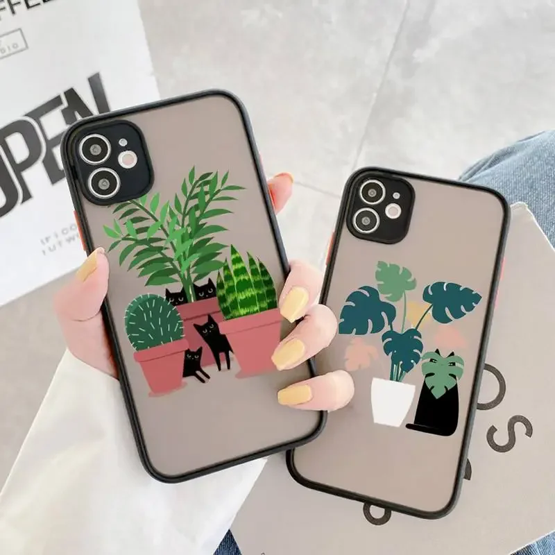 cat and plant banana palm leaves Phone Case matte transparent For iphone 14 11 12 13 plus mini pro max cover