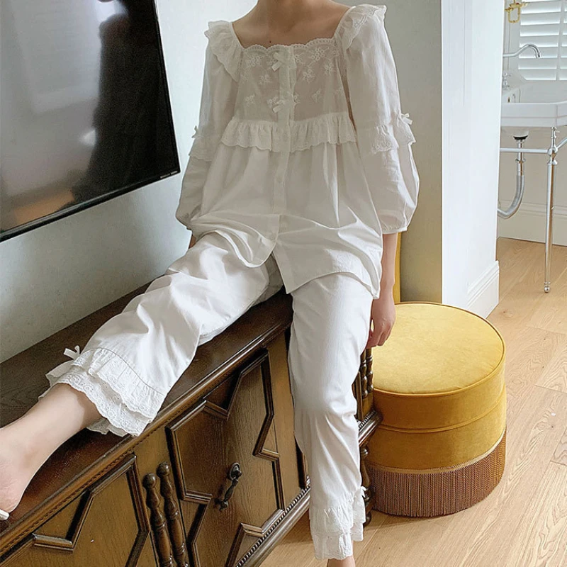 Home Nightwear Women Autumn White Cotton Pajamas Sets Vintage Long Sleeve Cute Sleep Tops Bottoms Pants Kawaii Pyjamas Sleepwear