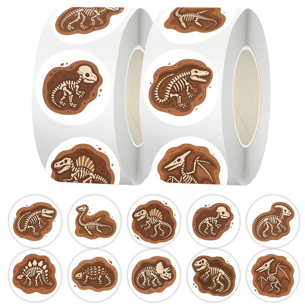 

500pcs/Roll Dinosaur Fossils Cartoon Round Sealing Stickers DIY PVC Laptop Phone Case Decals Decoration Reward Gift Toys