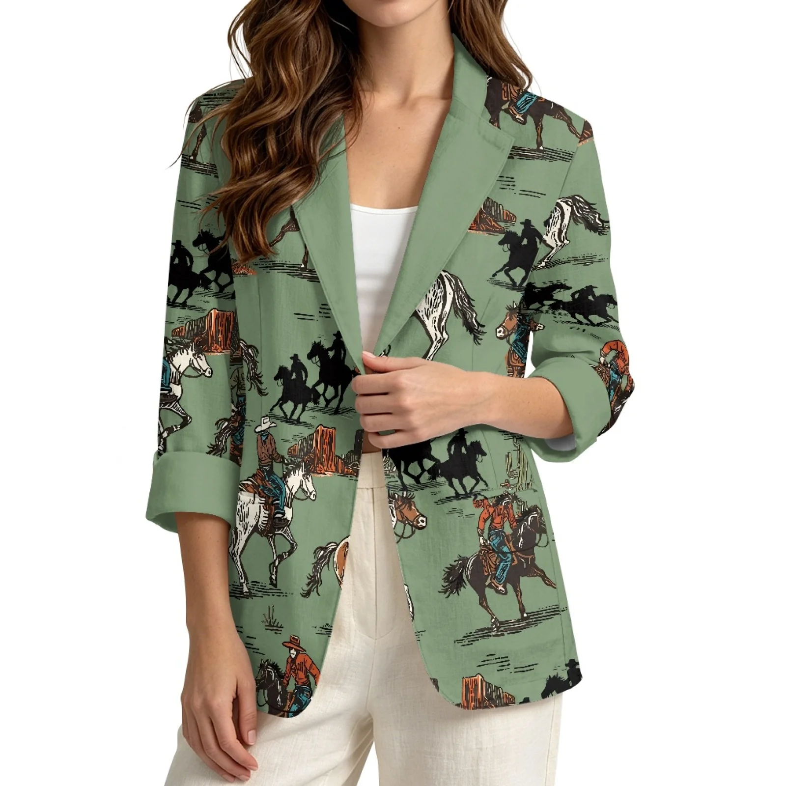 PENSTROLL Western Cowboy Print Linen Style Layering Piece 3/4 Sleeve Fall Tops for Women S-3XL