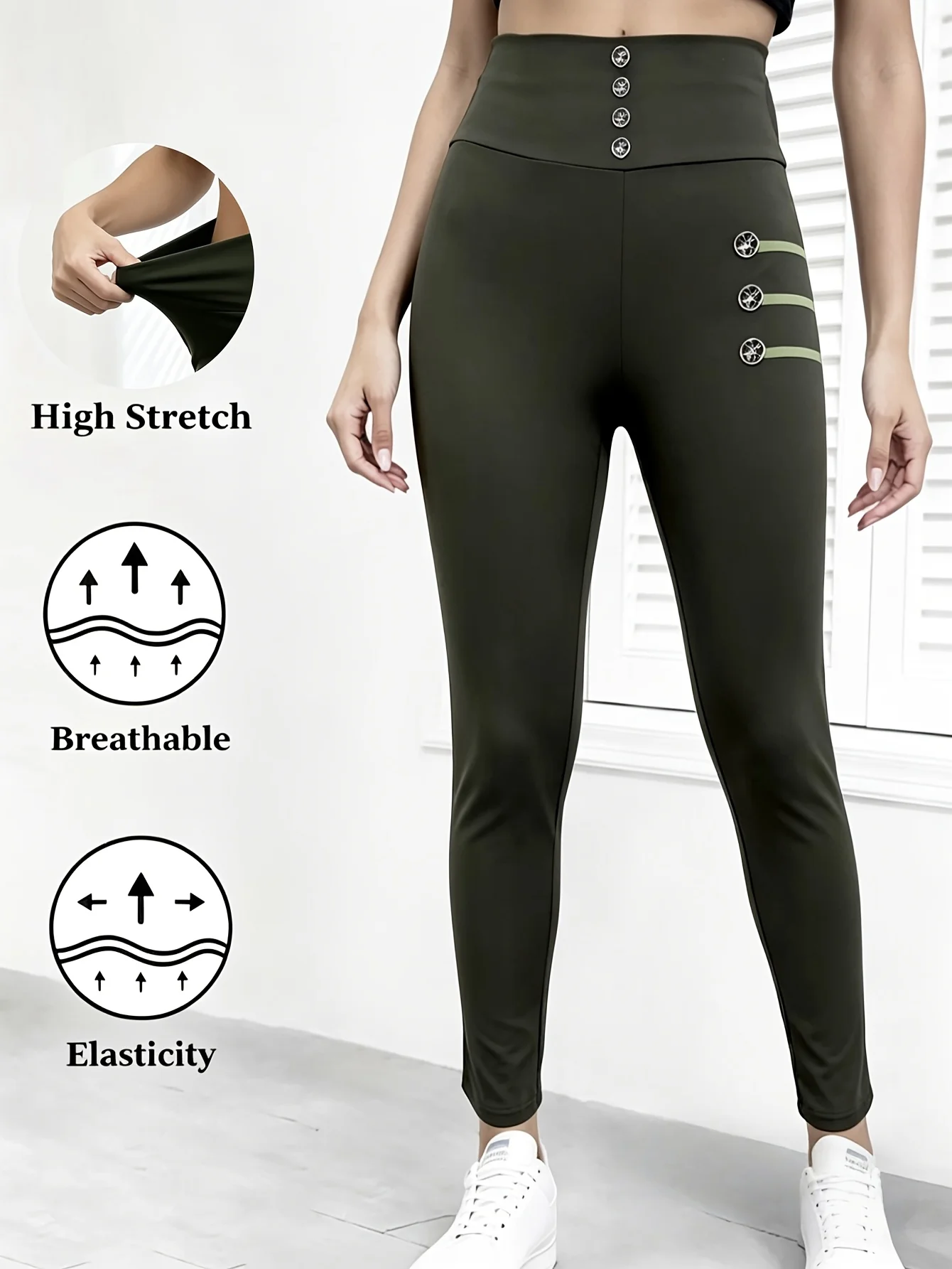 Spicy Girl Army Green High Waisted Front Printed Leggings Stretchy Breathable Sports yoga pants Stylish nine point Casual Tights