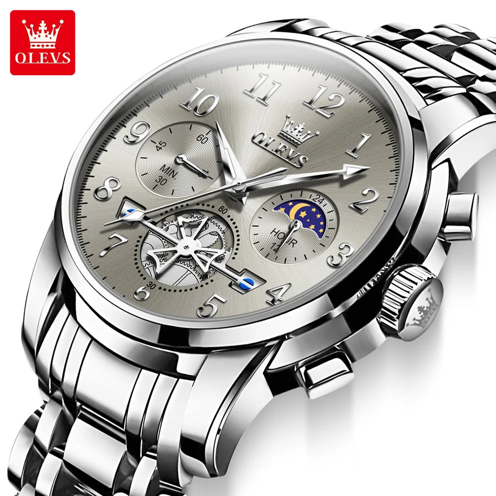 

OLEVS Brand Fashion Moon Phase Chronograph Quartz Watch Men Stainless Steel Waterproof Luminous Luxury Tourbillon Mens Watches