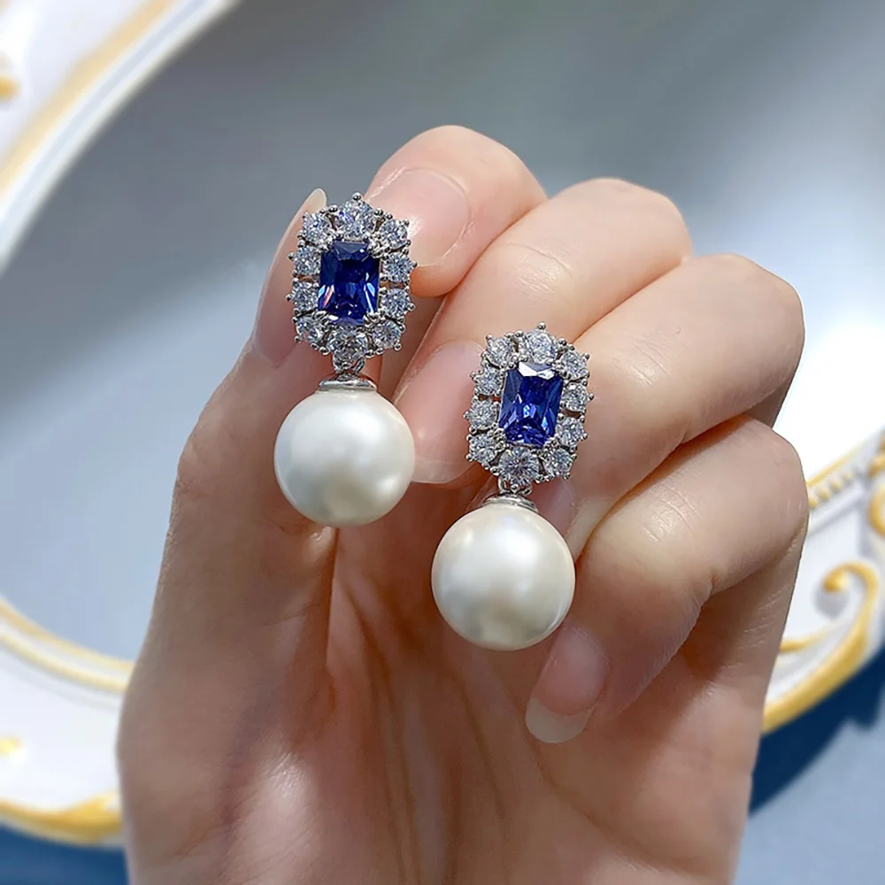 Vintage Noble 100% 925 Real Silver 12mm Pearl Sapphire Drop Earrings for Women Lab Diamond Gemstone Wedding Fine Jewelry Gifst