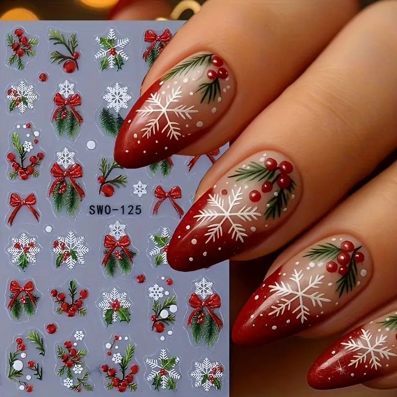 1pcs Self-Adhesive Christmas Nail Stickers - Cartoon Patterns Featuring Winter Snowflakes, Snowmen, Reindeer, Ribbons, Flowers and Leaves, Daisies, Berries, and Snowflakes, for Nails, Women's Nail Art Decoration