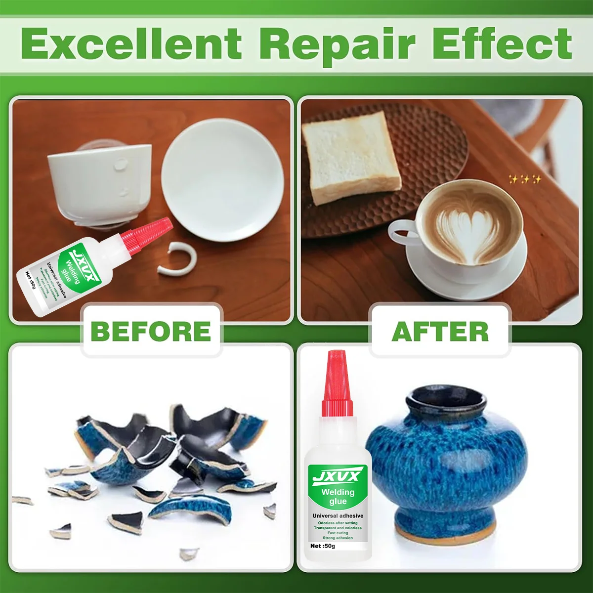 JXVX50g perekat transparan super universal berkekuatan tinggi untuk pengelasan, perekat perbaikan tanpa bekas, perekat instan yang kuat, perekat cair super untuk alat kaca dan keramik.