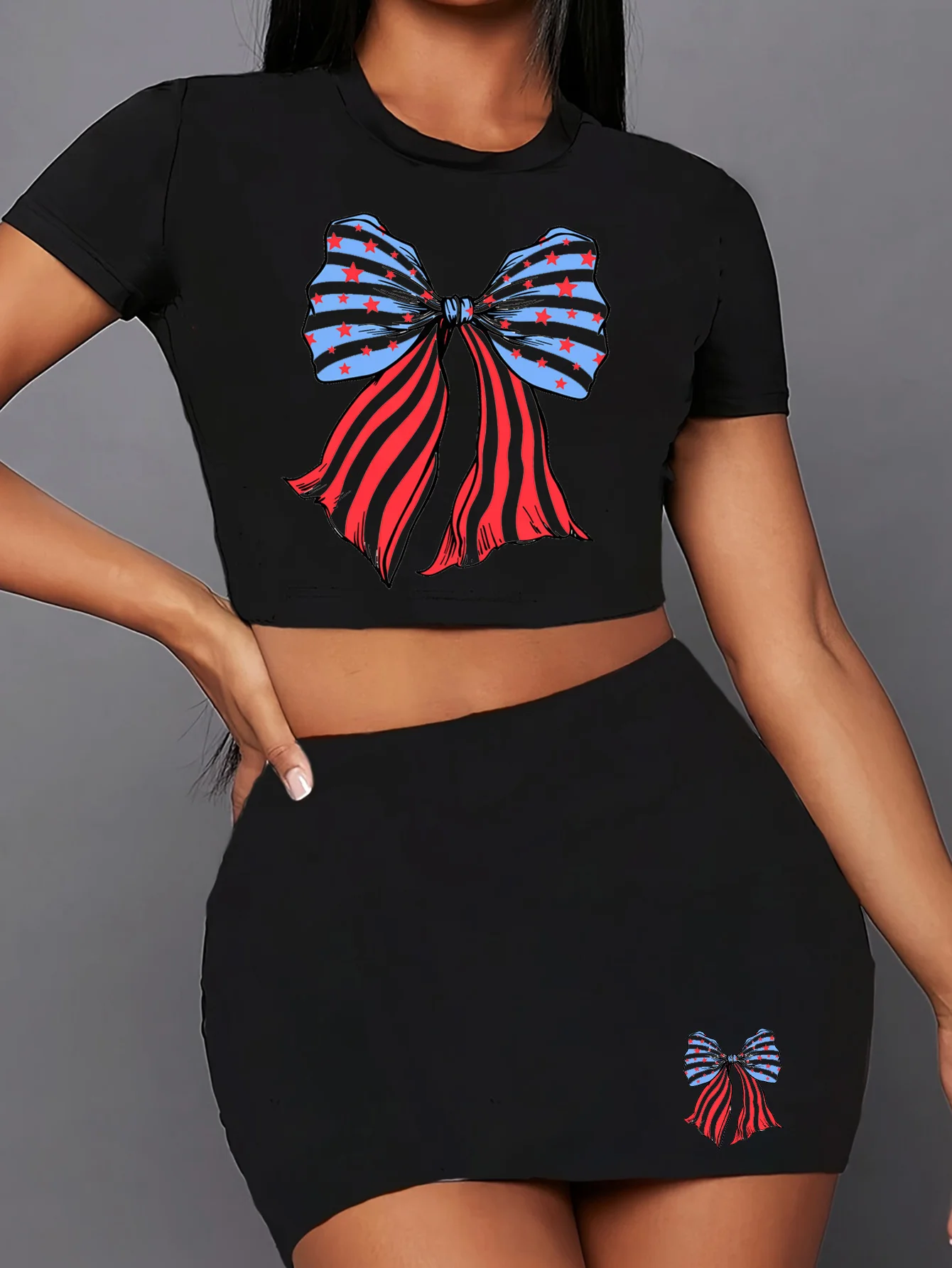 usa flat bow independence day graphic print two piece set, short sleeve round neck t-shirt & skirts, women's clothing