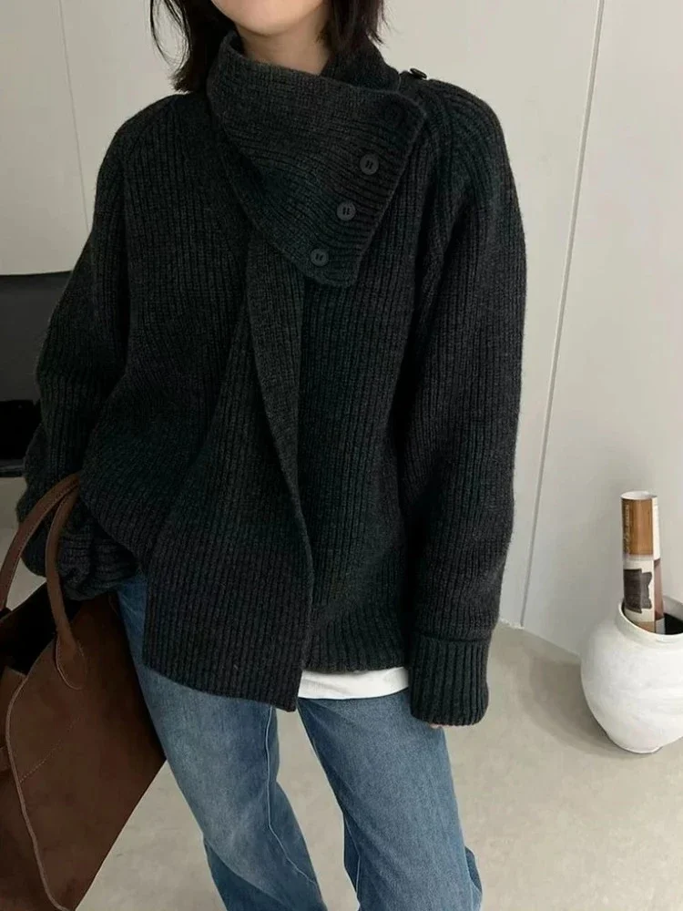 

Loose Sweater Women Autumn and Winter 2025 New Knitted Pullover Thickened Warm Lazy Style Detachable Scarf Collar Sweater Mujer