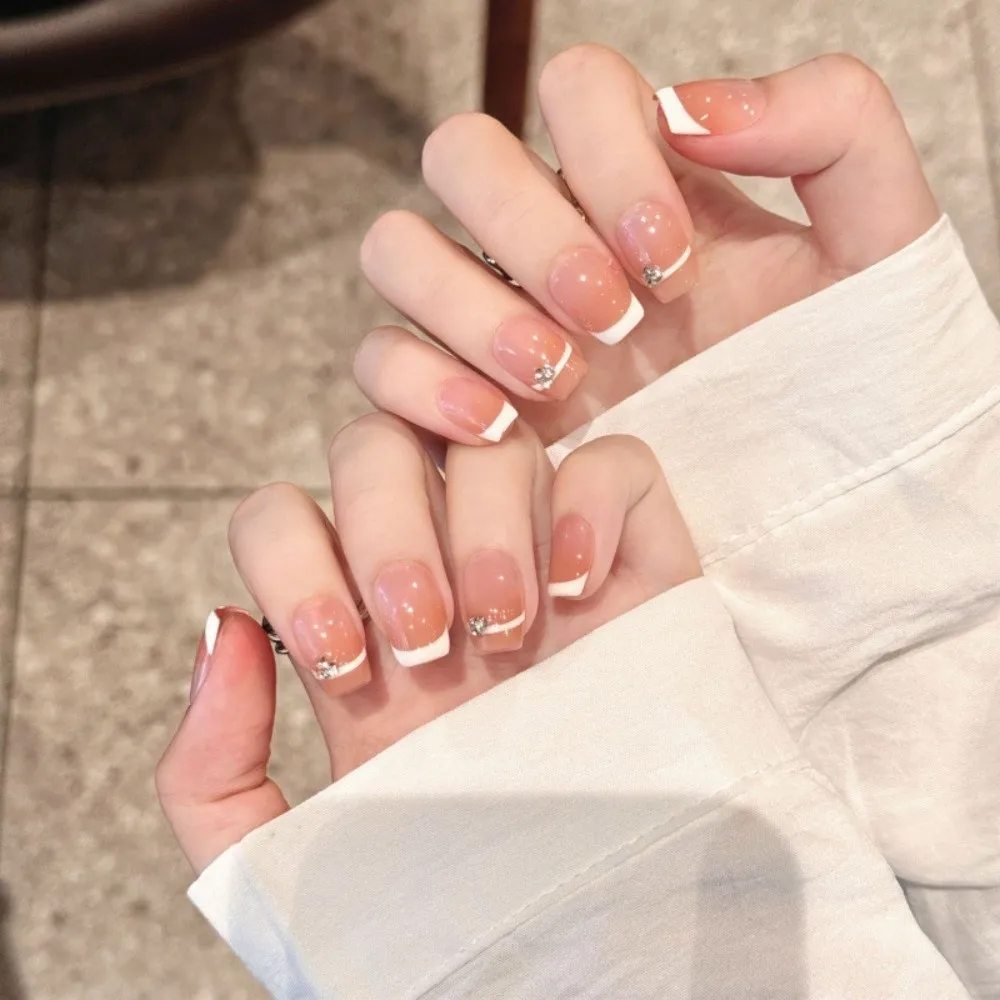 

10Pcs Gradient Cream French Handmade False Nails Nail Accessories Full Cover Nail Art Tips Short Style Fake Nails